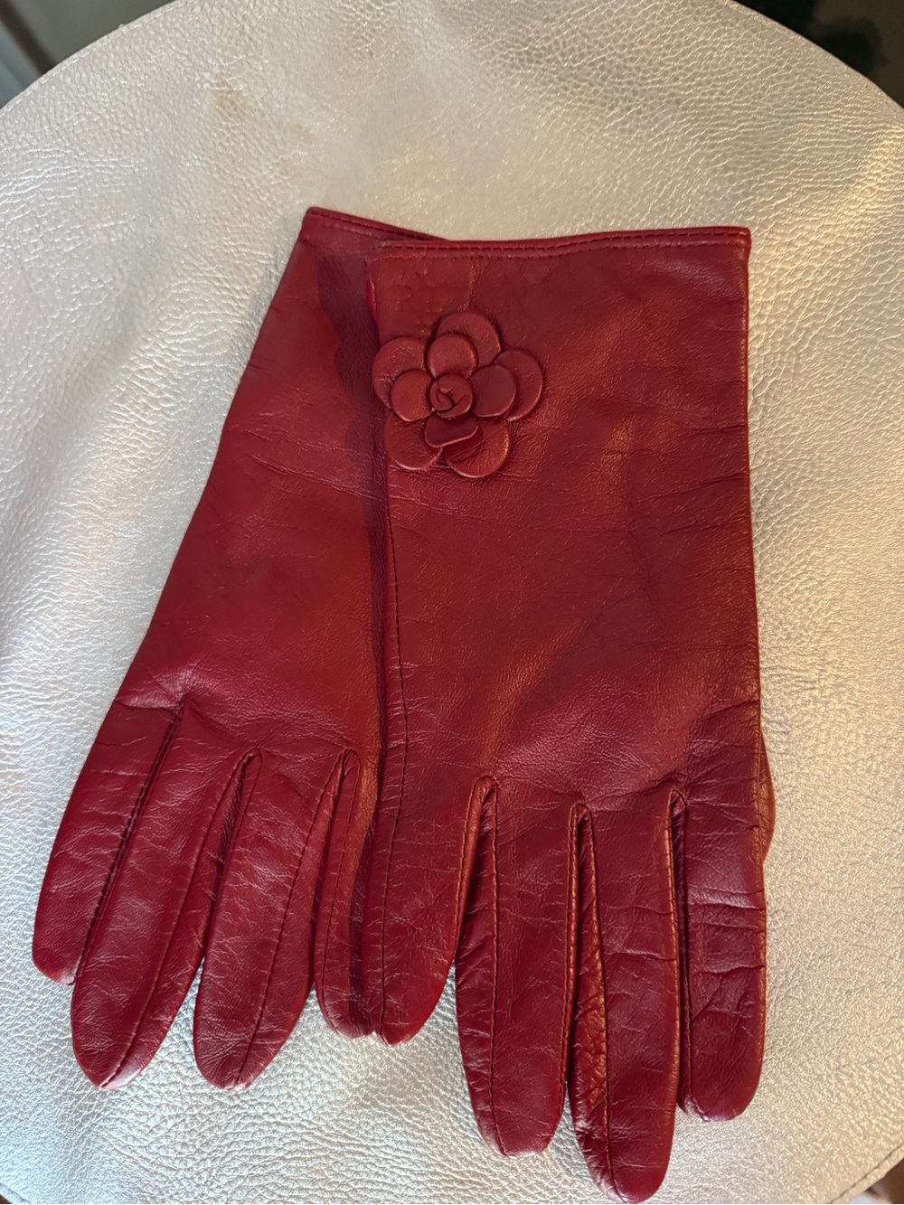 Lauren Ralph Lauren Red Leather Gloves with Floral Applique
